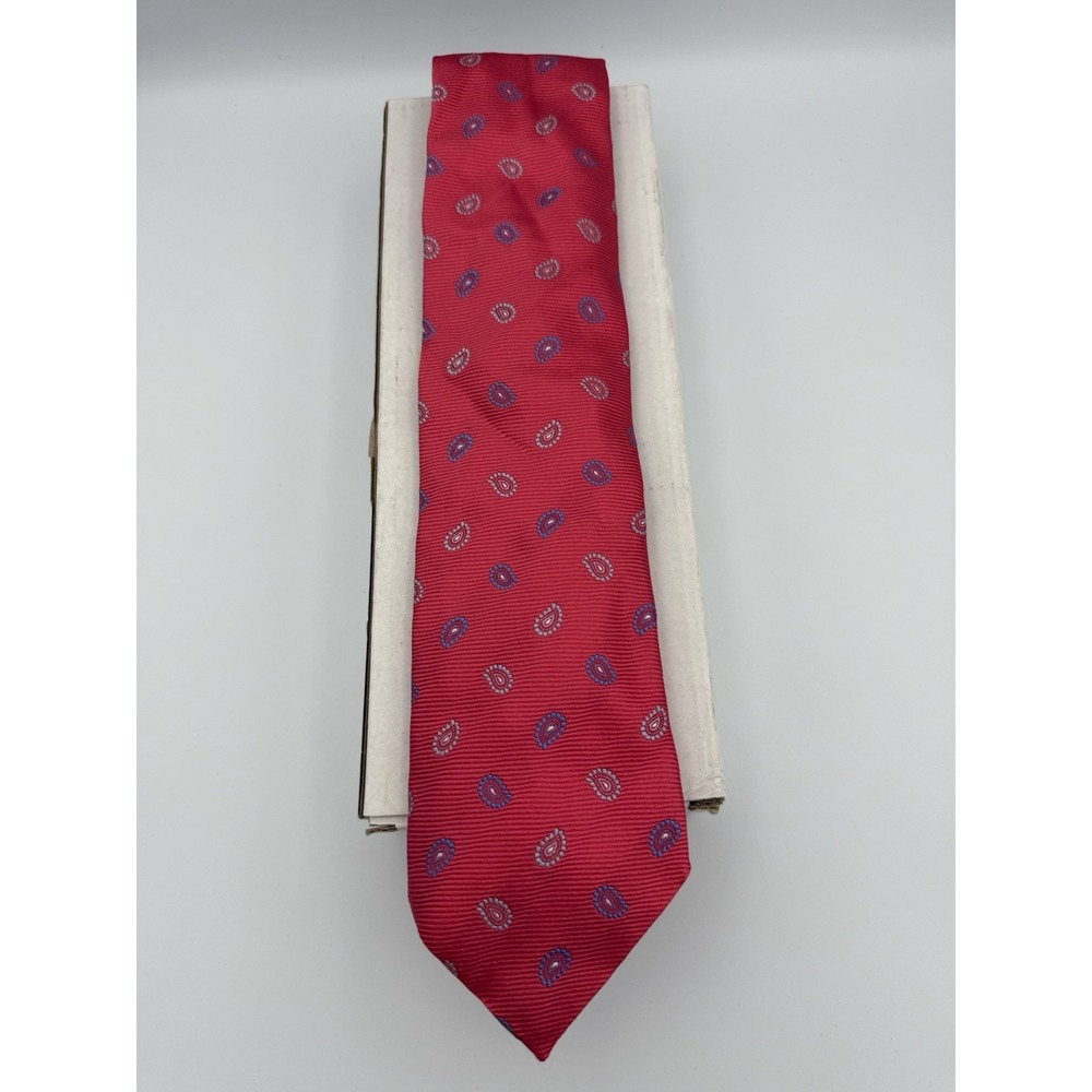Barneys New York 100% Silk Tie Coral Red Blue Paisley Hand Made Italy Luxury‎